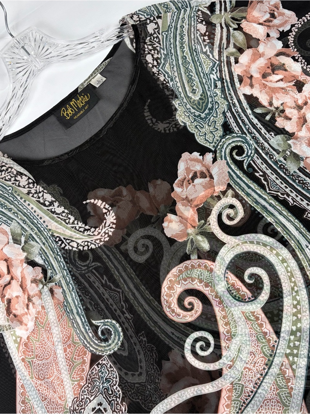 Bob Mackie Wearable Art Sheer Poncho Blouse Paisley Floral Boho Tunic Top Size L